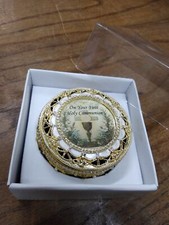 Vtg On Your First Holy Communion Rosary Box Gold/White Enamel Photo Window  Box