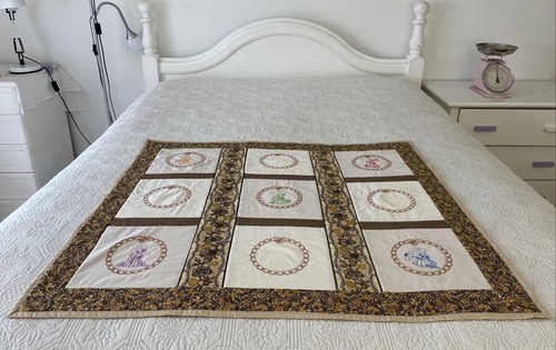 Handmade Patchwork / Embroidery Squares Small Cotton Quilt 95 cm x 83 cm - Picture 2 of 14
