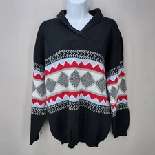 70s VTG Glamour-Knit (See Measurements) Black Red Fair Isle Pullover Sweater