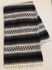 Mexican Falsa Serape Fringed Black Gray Blanket Thick Woven Vel-Mex 64 x48