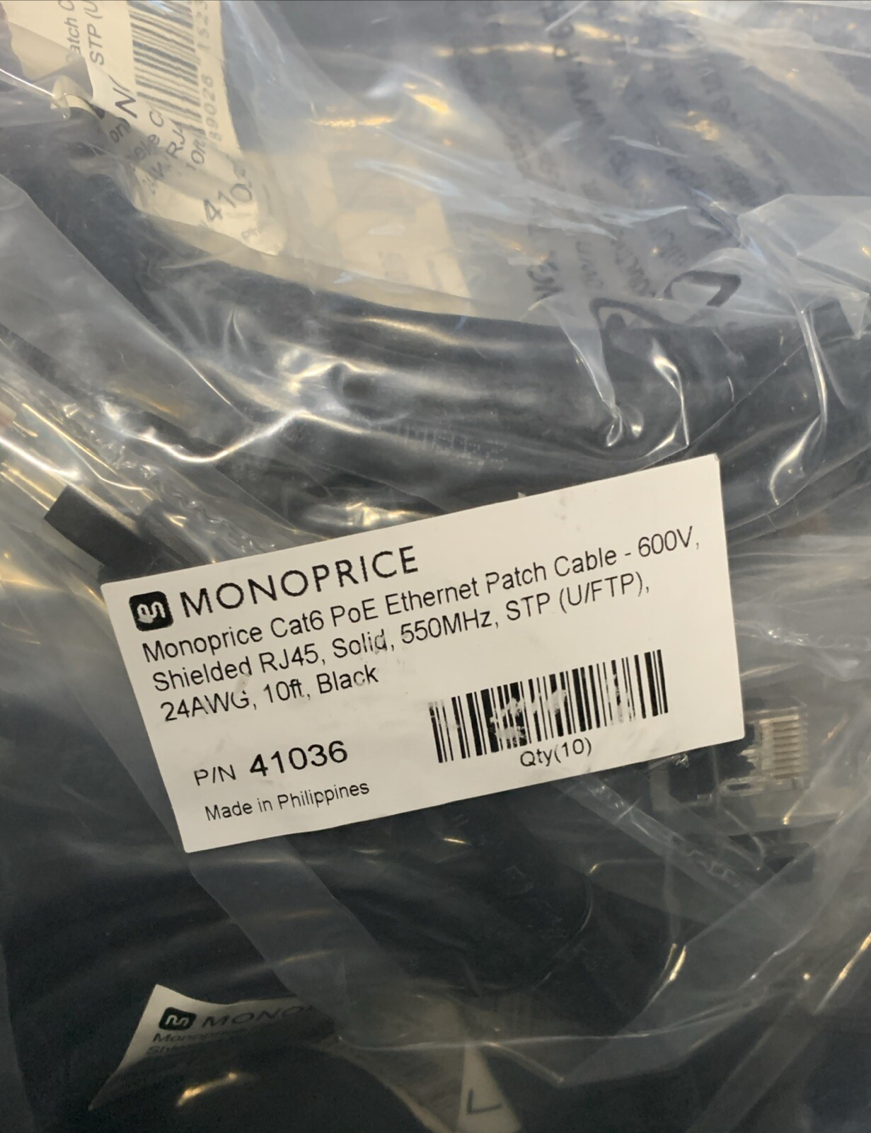 Monoprice 41036 Cat6 10ft  PoE Ethernet Patch Cable 30W 600V (10 PACK)