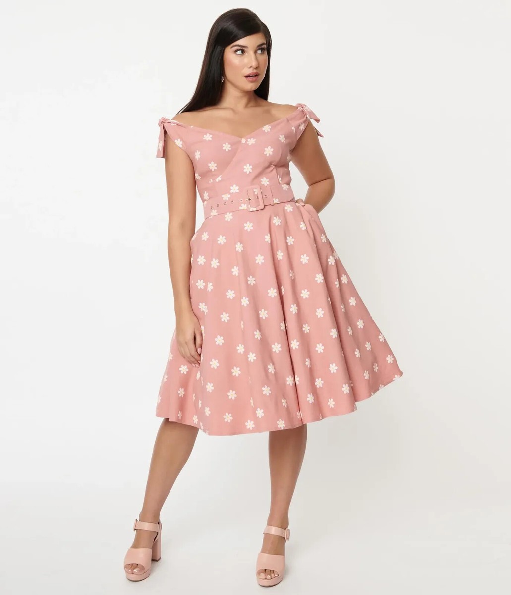 Unique Vintage Retro Pink & Daisy Print A-line Swing Dress Size Sm Unique Vintage Retro Pink & Daisy Print A-line Swing Dress Size Sm