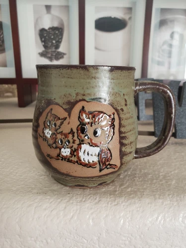 Vintage  Pottery  Owl family Mug Stoneware Brown Glaze Enesco