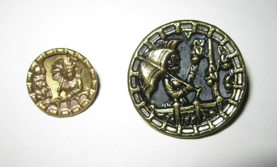 2 botones de imagen de latón de colección, Fanny Davenport con paraguas parasol, borde brillante