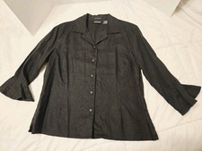 Vtg Academia George 100% Linen Blouse Black Work Preppy Sz 12-14 Careers Natural
