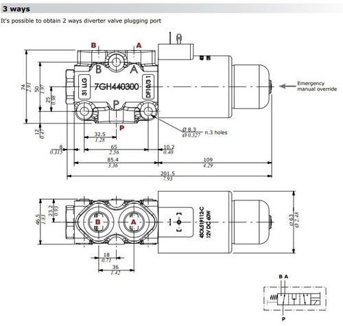 Walvoil 12/24V DC 3 Ways, 1/2" BSP Drain Port Solenoid Diverter Valve, DFE102/3 - Picture 3 of 5
