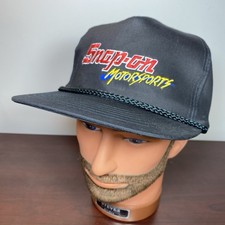 Vtg SNAP-ON MOTORSPORTS Embroidered Black Snapback Trucker Hat Rope Swingster