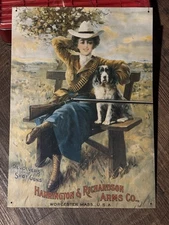 Harrington & Richardson Arms Metal Sign 1992 Made In USA Woman Gun Dog Hunting
