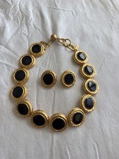 Vintage Talbots Black Cabochon Gold Tone Collar Necklace Earring Set 1980s 90s