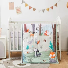 3-Piece Baby Crib Bedding Set Woodland Animals Blanket Skirt Sheets Boys & Girls