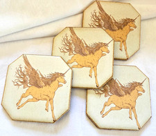 Vtg 70s Mythical Winged Unicorn Ceramic Coasters Tiles Set of 4 Purple Felt Back