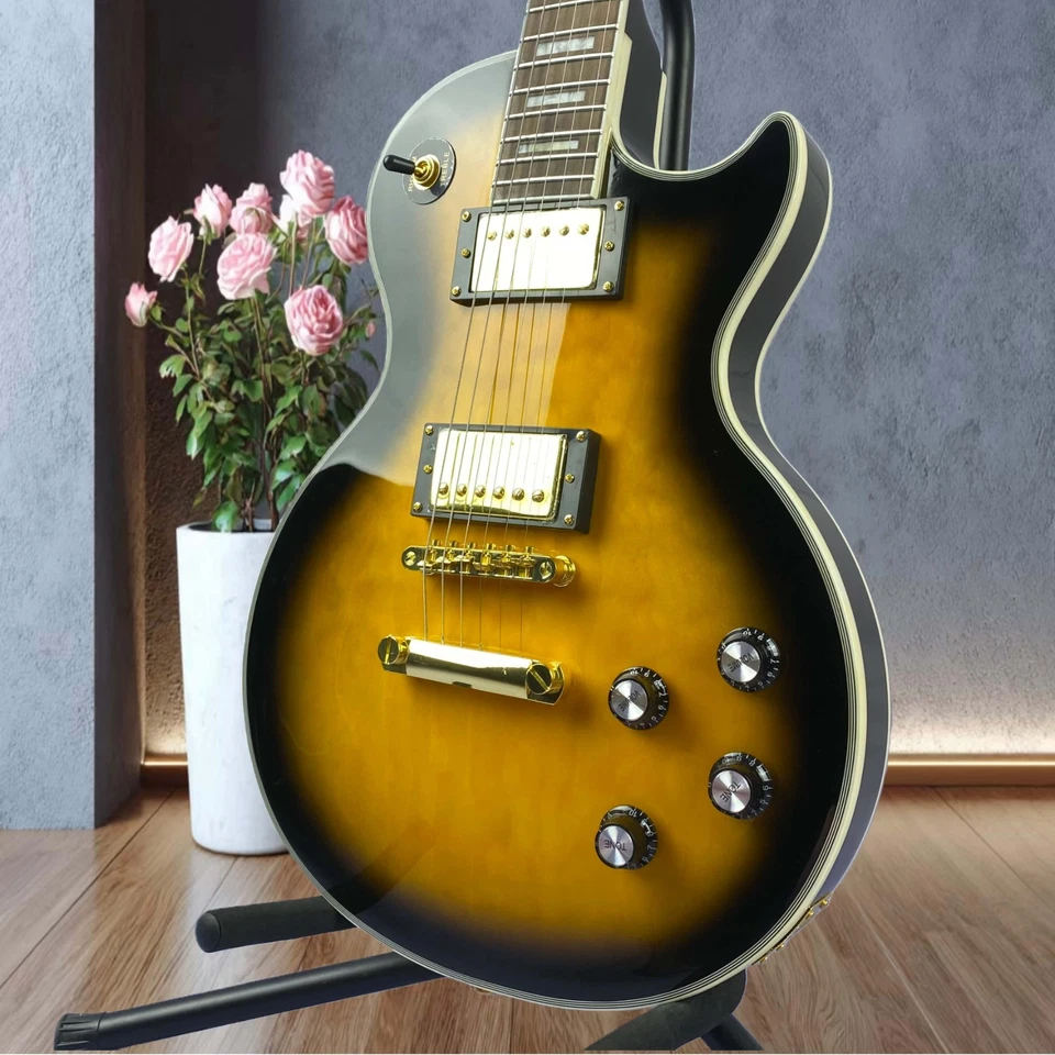 LP Custom Electric Guitar  Black Ring Yellow Rectangular Inlay Metal Hardware - Image 4 of 4