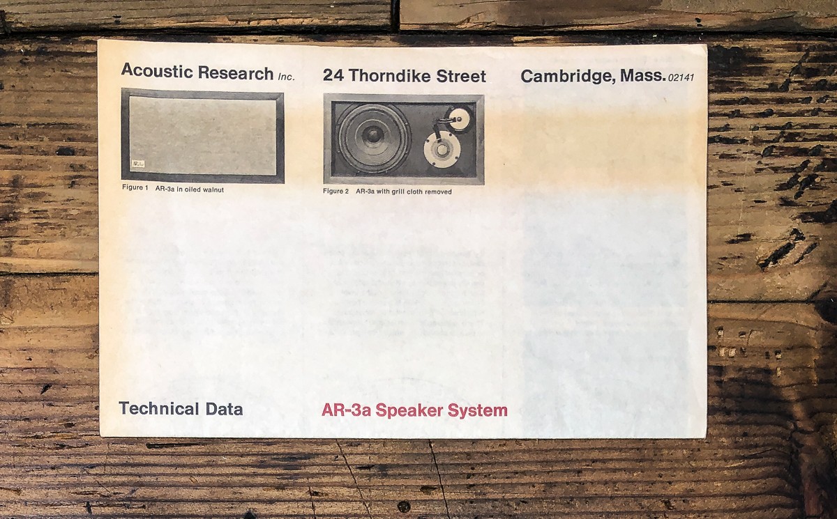 Acoustic Research AR AR-3a Speaker Owners / User Manual *Original*