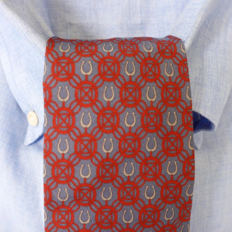 NINA RICCI Paris Corbata Cuello Para Hombre Azul Rojo Geo Herradura Seda Sarga Occidental Lujo Foto 2 de 4