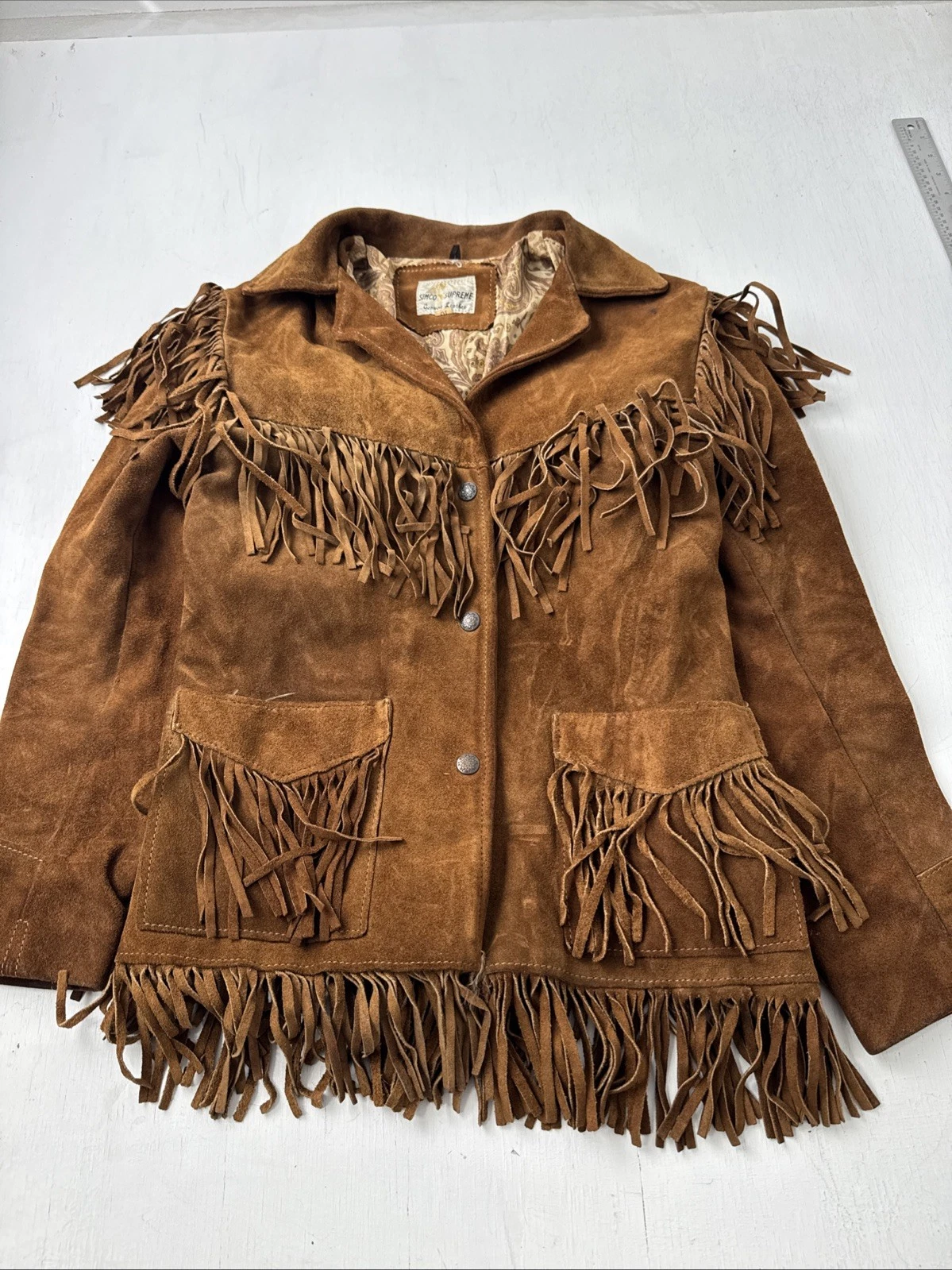 Cappotto pelle Simco Supreme frange giacca wester donna taglia 10 anni '60 '70