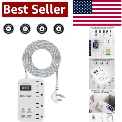 Advanced 6 USB Surge Protector Power Strip - 4 Outlets & Wall Mountable Design