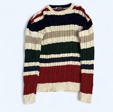 Vintage Chaps Ralph Lauren Striped Cable Knit Crewneck Sweater Made in USA