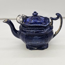 Historical Dark Blue Staffordshite Teapot Winter Sleigh Scene Circa 1825