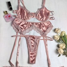 Vintage Satin Bra for Underwear Women Panties Garter Belt 3pc Set Bralette