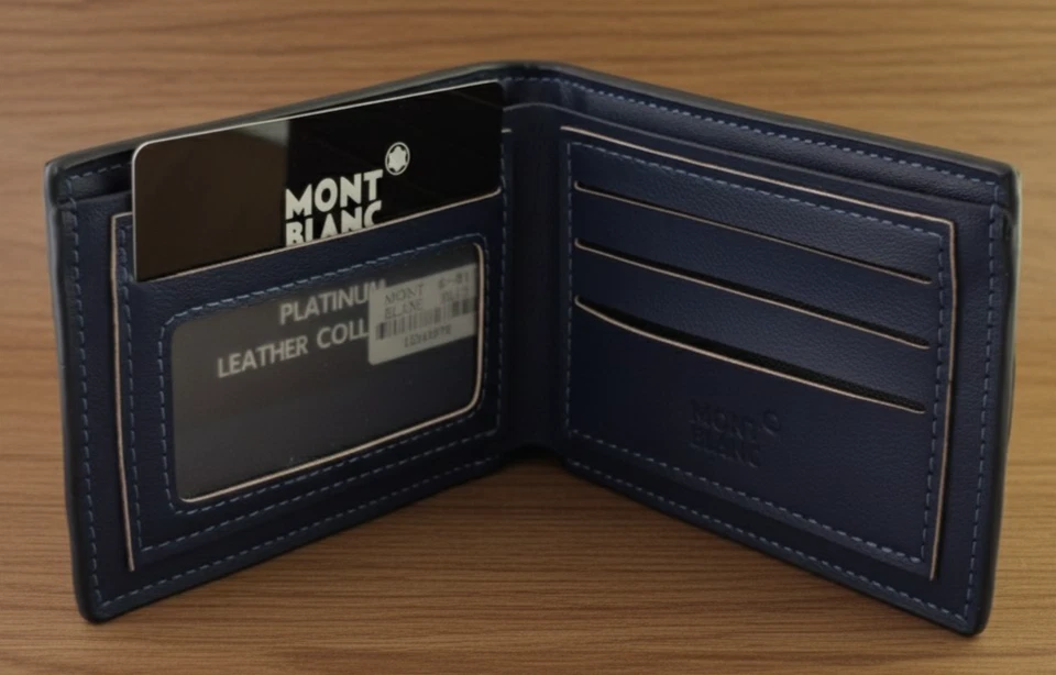 Cartera para hombre Montblanc de cuero azul de grano suave doble pliegue - {Envío gratuito} Foto 2 de 4