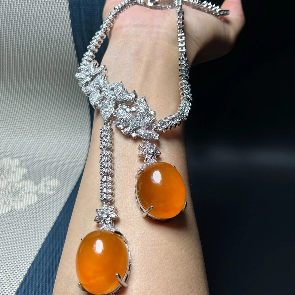 Luxury Icy Yellow Jadeite Necklace • Dual Pigeon Egg Pendant w/ CZ Gift Ready - Image 3 of 4