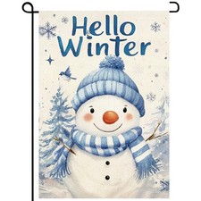 Hello Winter Snowman Garden Flag 12 18 Inch Double Sided Christmas Winter