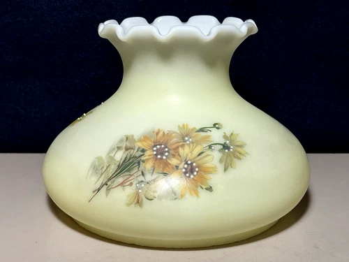 Vintage Milk Glass Hurricane Lamp Shade Hand Painted Ruffle 7" Fitter