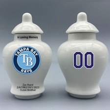Ceramic Baseball Urn   Tampa Bay Rays Theme, Custom Text  Number