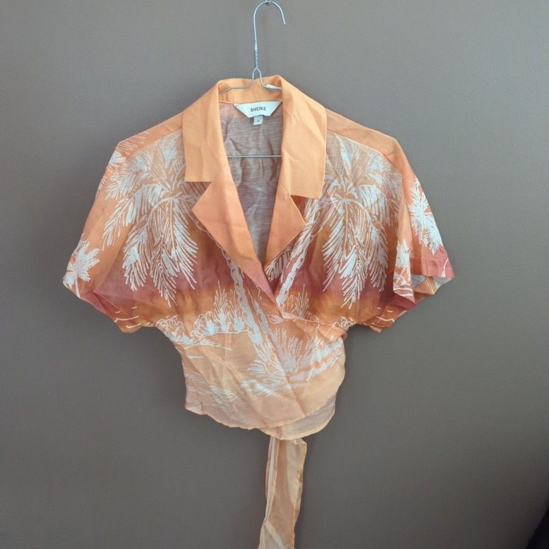 Sheike Blouse Womens 6 Orange Palm Print Sheer Tie Front Cropped Top Summer