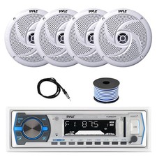 Pyle Marine Bluetooth Receiver, 4x 8'' Low Profile White Speakers,Wire, Antenna