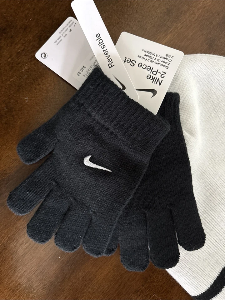 Nike Kids Black & White Beanie Hat with Gloves One Size Youth Reversible NEW - Image 2 of 3