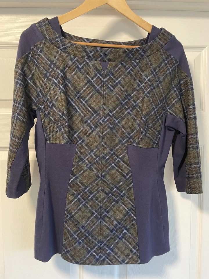 Blusa Top L.A.M.B Mezcla Lana y Cachemira Manga 3/4 - Verde y Azul Marino A Cuadros Talla 8 Foto 2 de 4
