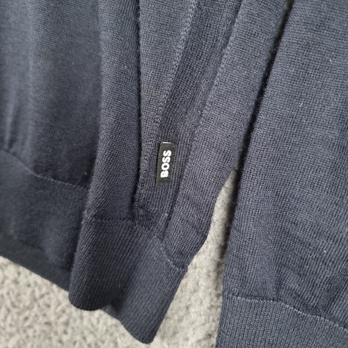 HUGO BOSS Jumper Mens XL Blue Navy 100% Merino Wool V Neck Knit Pullover - Picture 2 of 8