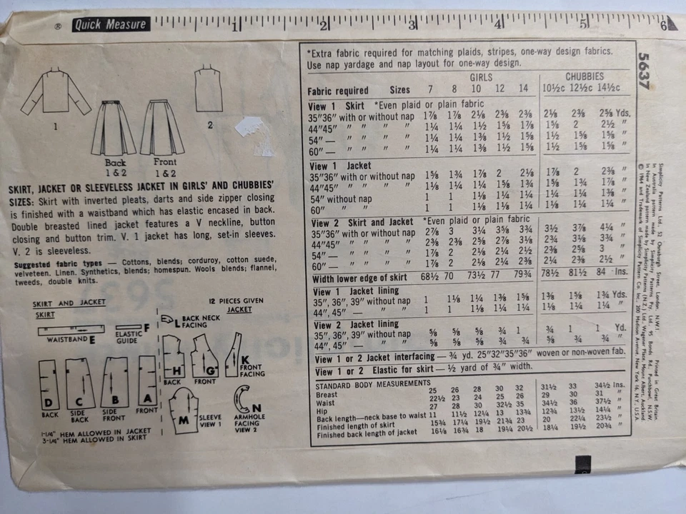 50s Vintage Butterick Pattern 5637 Girls Pleated Skirt & Jacket Size 7 Plus Sz - Image 2 of 2