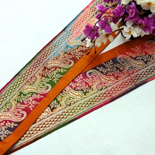 Vintage Multi Sari Border Woven Banarasi 1yd Trim Craft Sewing Recycled Decor - Picture 5 of 12