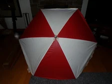 Vintage Finkel Patio Umbrella Red & White MCM Fringe Crank Tilt Pole