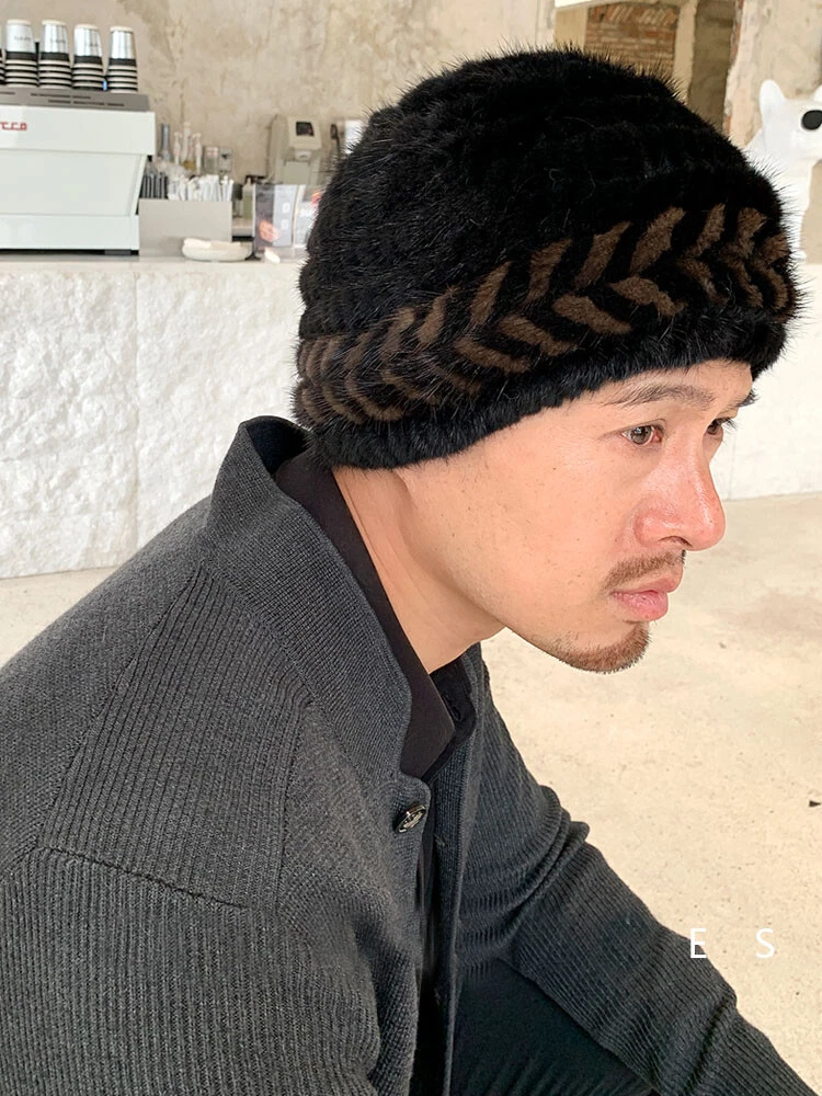 Men's Real Mink Fur Hat Beanie Cap Headwear Casual Travel Ski Winter Warm