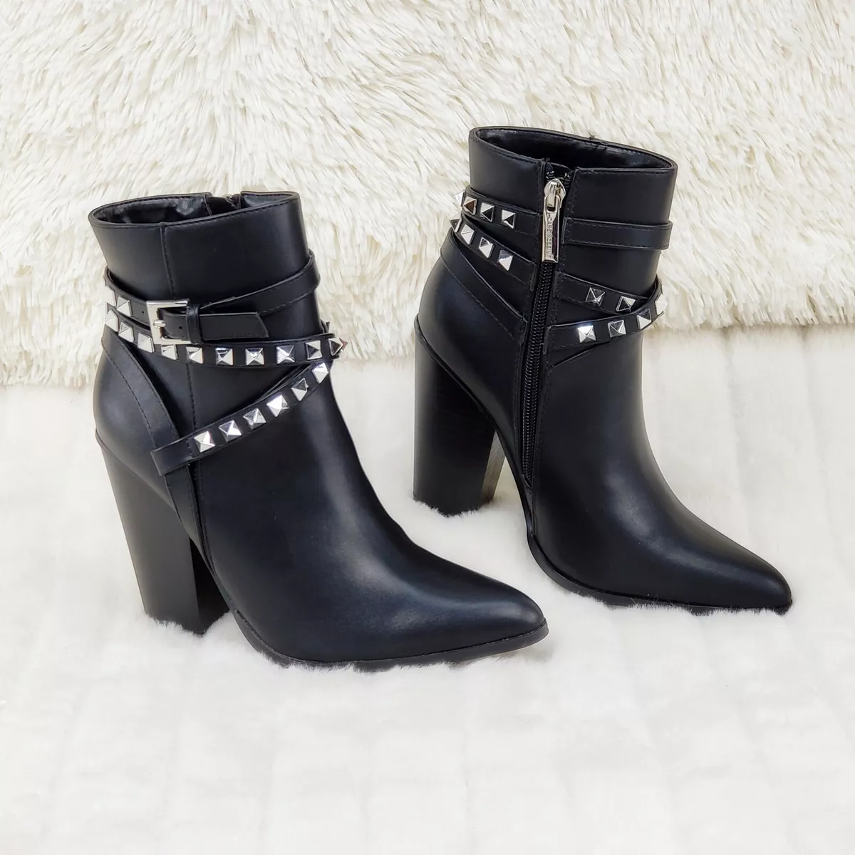Classic Western Designer Cowboy Style Studded Strap Ankle Boots Black 6-11