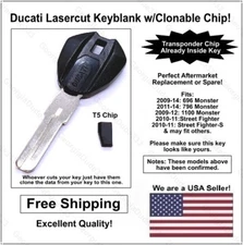 Ducati AfterMarket Lasercut Key Blank with T5 Transponder Chip. "Read Listing"