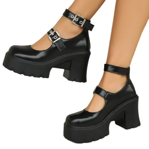 Chunky High Heel Double Straps Mary Jane Platform Women Pumps Punk Shoes Size - Bild 8 von 10