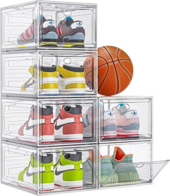Thicken & Sturdy Clear Shoe Storage Organizer with Magnetic Door, Stackable Box