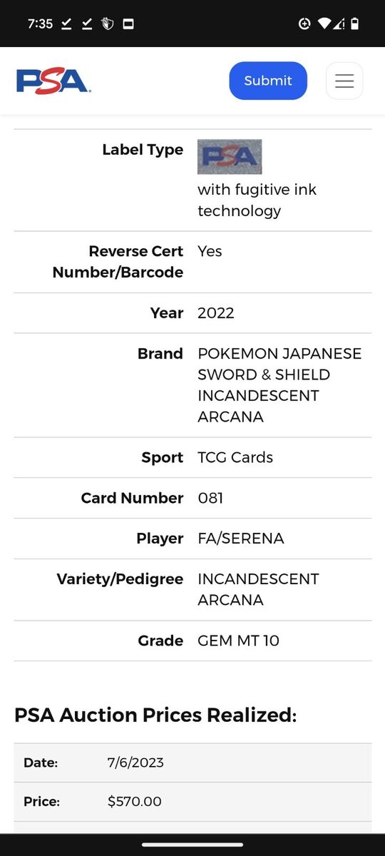 PSA 10 Serena Full Art SR 081/068 Incandescent Arcana 2022 PSA 10 Serena Full Art SR 081/068 Incandescent Arcana 2022