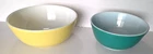Pyrex mixing bowls; 403 green 2 1/2-quart and 404 yellow 4-quart nesting bowls