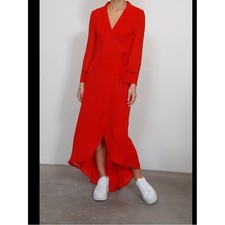 GANNI NWT Red Fiery Polka Dot Print Georgette Wrap  Maxi Dress Size 36 / Small