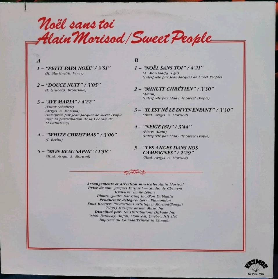 Vinyl LP Alain Morisod/Sweet People - Noel Sans Toi VG KOSX-198 VG Canada Pop - Image 2 of 4