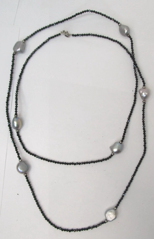 Collar vintage de espinela negra y perlas de 11 mm de plata de ley real de 36" Foto 4 de 4