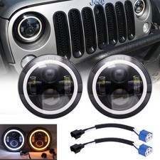 Pair 7 Inch Round Headlights Halo Angle Eyes White DRL Amber Turn Light