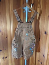 Woman's Carhartt Small Brown Relaxed Fit Short Overalls Paint Splatter
