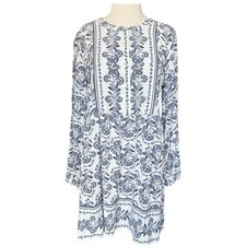 Loft Woman's Blue & White Floral Long Sleeve Mini Dress Boho Peasant Tunic 6