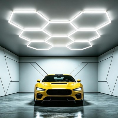 Hexagon LED Garage Light 8 Grid   6500K Honeycomb Ceiling Workshop Light